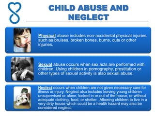 CHILD ABUSE AND
          NEGLECT

Physical abuse includes non-accidental physical injuries
such as bruises, broken bones, burns, cuts or other
injuries.



Sexual abuse occurs when sex acts are performed with
children. Using children in pornography, prostitution or
other types of sexual activity is also sexual abuse.


Neglect occurs when children are not given necessary care for
illness or injury. Neglect also includes leaving young children
unsupervised or alone, locked in or out of the house, or without
adequate clothing, food, or shelter. Allowing children to live in a
very dirty house which could be a health hazard may also be
considered neglect.
 