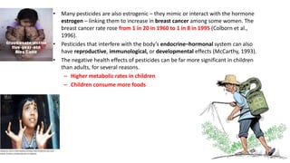 • Many pesticides are also estrogenic – they mimic or interact with the hormone
estrogen – linking them to increase in breast cancer among some women. The
breast cancer rate rose from 1 in 20 in 1960 to 1 in 8 in 1995 (Colborn et al.,
1996).
• Pesticides that interfere with the body’s endocrine–hormonal system can also
have reproductive, immunological, or developmental effects (McCarthy, 1993).
• The negative health effects of pesticides can be far more significant in children
than adults, for several reasons.
– Higher metabolic rates in children
– Children consume more foods
 