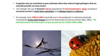 • Fungicides also can contribute to pest outbreaks when they reduce fungal pathogens that are
naturally parasitic on many insects.
• For example, the use of benomyl reduces populations of entomopathogenic fungi, resulting in
increased survival of velvet bean caterpillars and cabbage loopers in soybeans.
• For example, from 1980 to 1985 insecticide use in rice production in Indonesia drastically
increased the brown plant hopper due to the destruction of natural enemies (Oka, 1991). The
estimated cost of rice loss in just a 2-year period was $1.5 billion (FAO, 1988).
 
