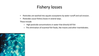 Fishery losses
• Pesticides are washed into aquatic ecosystems by water runoff and soil erosion.
• Pesticides cause fishery losses in several ways.
These include
– High pesticide concentrations in water that directly kill fish
– The elimination of essential fish foods, like insects and other invertebrates.
9
 