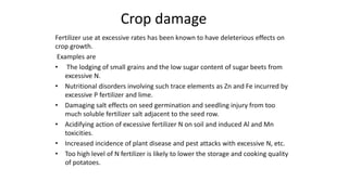 Crop damage
Fertilizer use at excessive rates has been known to have deleterious effects on
crop growth.
Examples are
• The lodging of small grains and the low sugar content of sugar beets from
excessive N.
• Nutritional disorders involving such trace elements as Zn and Fe incurred by
excessive P fertilizer and lime.
• Damaging salt effects on seed germination and seedling injury from too
much soluble fertilizer salt adjacent to the seed row.
• Acidifying action of excessive fertilizer N on soil and induced Al and Mn
toxicities.
• Increased incidence of plant disease and pest attacks with excessive N, etc.
• Too high level of N fertilizer is likely to lower the storage and cooking quality
of potatoes.
1
 