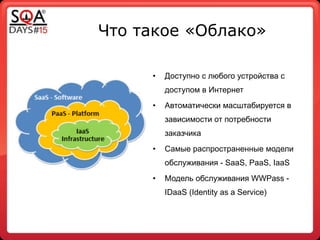 Что такое «Облако»
!
• Доступно с любого устройства с
доступом в Интернет
• Автоматически масштабируется в
зависимости от потребности
заказчика
• Самые распространенные модели
обслуживания - SaaS, PaaS, IaaS
• Модель обслуживания WWPass -
IDaaS (Identity as a Service)
 