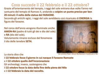 Grazie all’orientamento del tempio, i raggi del sole entrano due volte l’anno nel
santuario del tempio di Ramses II, andando a colpire un punto preciso per ben
20 minuti: il volto della statua del FARAONE.
Secondo gli antichi egizi, i raggi del sole avrebbero così ricaricato di ENERGIA la
figura del faraone.
Nel corso dell’anno vengono illuminate anche
AMON-RA (padre di tutti gli dei e dio del sole)
e RA (dio del sole).
Volutamente rimane escluso dal fenomeno
il dio delle tenebre SETH.
La storia dice che
il 22 febbraio fosse il giorno in cui nacque il Faraone Ramsete
e il 22 ottobre quello dell’incoronazione
Gli archeologi, invece, sostengono che
il 22 ottobre fosse la data della fine della piena del Nilo
e il 22 febbraio la data del raccolto.
Cosa succede il 22 febbraio e il 22 ottobre?
Da sinistra Ptah, Amon-Ra,Ramses II deificato e Ra
 