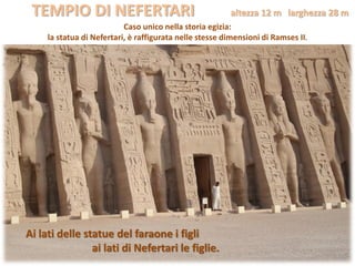 TEMPIO DI NEFERTARI altezza 12 m larghezza 28 m
Ai lati delle statue del faraone i figli
ai lati di Nefertari le figlie.
Caso unico nella storia egizia:
la statua di Nefertari, è raffigurata nelle stesse dimensioni di Ramses II.
 