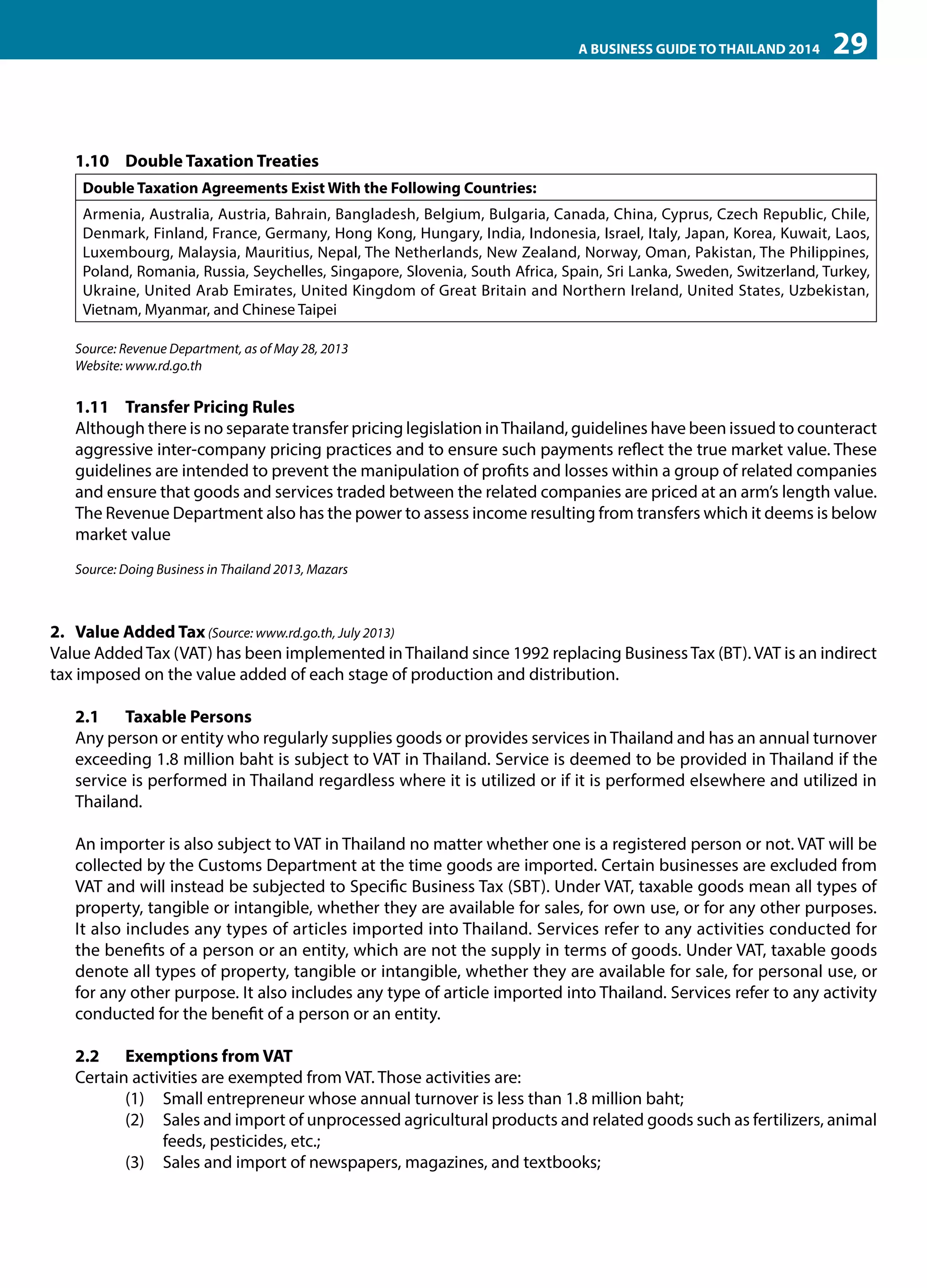 A BUSINESS GUIDE TO THAILAND 2014

29

1.10	 Double Taxation Treaties
Double Taxation Agreements Exist With the Following Countries:
Armenia, Australia, Austria, Bahrain, Bangladesh, Belgium, Bulgaria, Canada, China, Cyprus, Czech Republic, Chile,
Denmark, Finland, France, Germany, Hong Kong, Hungary, India, Indonesia, Israel, Italy, Japan, Korea, Kuwait, Laos,
Luxembourg, Malaysia, Mauritius, Nepal, The Netherlands, New Zealand, Norway, Oman, Pakistan, The Philippines,
Poland, Romania, Russia, Seychelles, Singapore, Slovenia, South Africa, Spain, Sri Lanka, Sweden, Switzerland, Turkey,
Ukraine, United Arab Emirates, United Kingdom of Great Britain and Northern Ireland, United States, Uzbekistan,
Vietnam, Myanmar, and Chinese Taipei
Source: Revenue Department, as of May 28, 2013
Website: www.rd.go.th

1.11	 Transfer Pricing Rules
Although there is no separate transfer pricing legislation in Thailand, guidelines have been issued to counteract
aggressive inter-company pricing practices and to ensure such payments reflect the true market value. These
guidelines are intended to prevent the manipulation of profits and losses within a group of related companies
and ensure that goods and services traded between the related companies are priced at an arm’s length value.
The Revenue Department also has the power to assess income resulting from transfers which it deems is below
market value
Source: Doing Business in Thailand 2013, Mazars

2.	 Value Added Tax (Source: www.rd.go.th, July 2013)
Value Added Tax (VAT) has been implemented in Thailand since 1992 replacing Business Tax (BT). VAT is an indirect
tax imposed on the value added of each stage of production and distribution.
2.1	 Taxable Persons
Any person or entity who regularly supplies goods or provides services in Thailand and has an annual turnover
exceeding 1.8 million baht is subject to VAT in Thailand. Service is deemed to be provided in Thailand if the
service is performed in Thailand regardless where it is utilized or if it is performed elsewhere and utilized in
Thailand.
An importer is also subject to VAT in Thailand no matter whether one is a registered person or not. VAT will be
collected by the Customs Department at the time goods are imported. Certain businesses are excluded from
VAT and will instead be subjected to Specific Business Tax (SBT). Under VAT, taxable goods mean all types of
property, tangible or intangible, whether they are available for sales, for own use, or for any other purposes.
It also includes any types of articles imported into Thailand. Services refer to any activities conducted for
the benefits of a person or an entity, which are not the supply in terms of goods. Under VAT, taxable goods
denote all types of property, tangible or intangible, whether they are available for sale, for personal use, or
for any other purpose. It also includes any type of article imported into Thailand. Services refer to any activity
conducted for the benefit of a person or an entity.
2.2	 Exemptions from VAT
Certain activities are exempted from VAT. Those activities are:
(1)	 Small entrepreneur whose annual turnover is less than 1.8 million baht;
(2)	 Sales and import of unprocessed agricultural products and related goods such as fertilizers, animal
feeds, pesticides, etc.;
(3)	 Sales and import of newspapers, magazines, and textbooks;

 