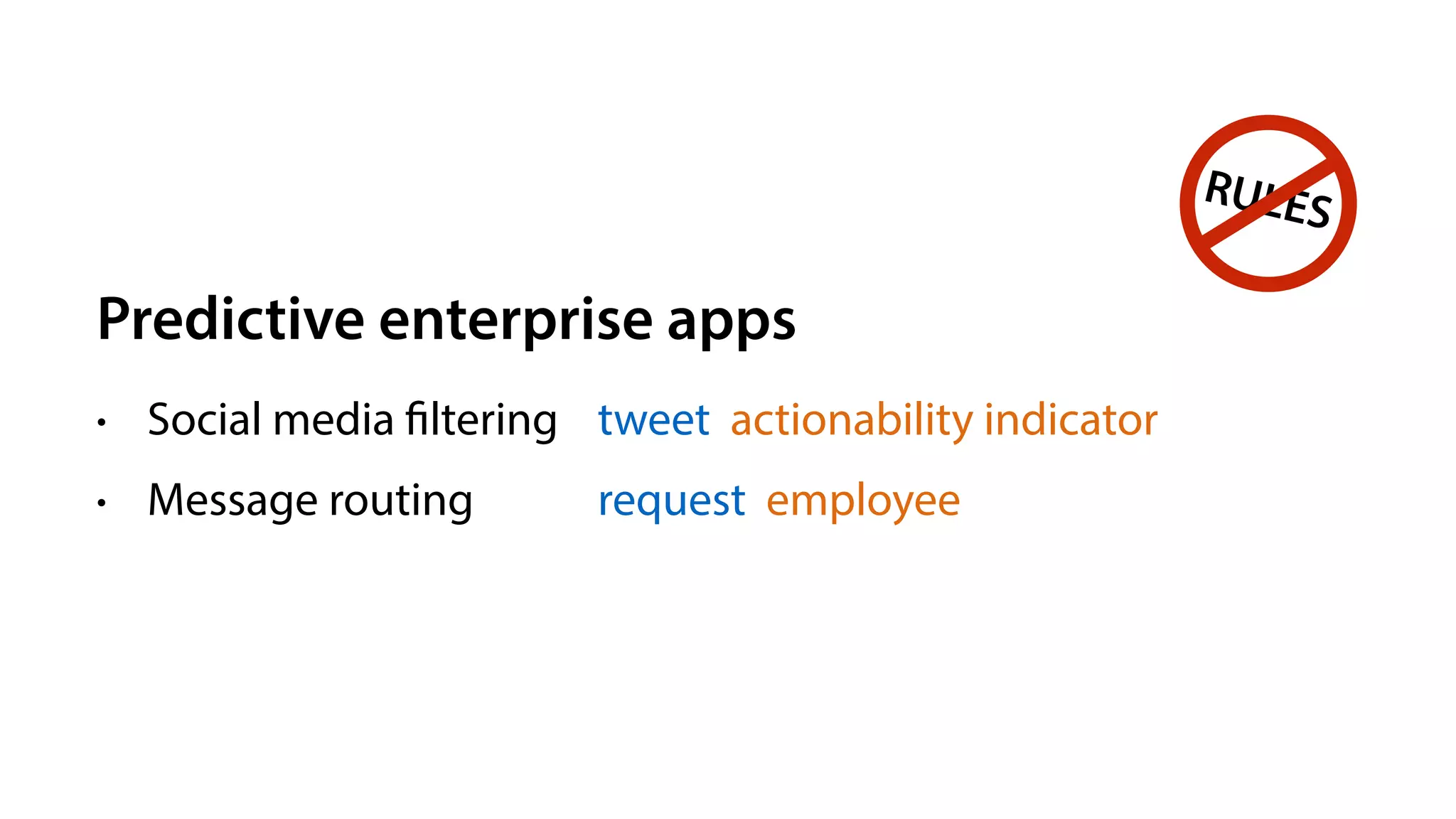 Predictive enterprise apps
• Social media filtering
• Message routing
tweet actionability indicator
request employee
RULES
 