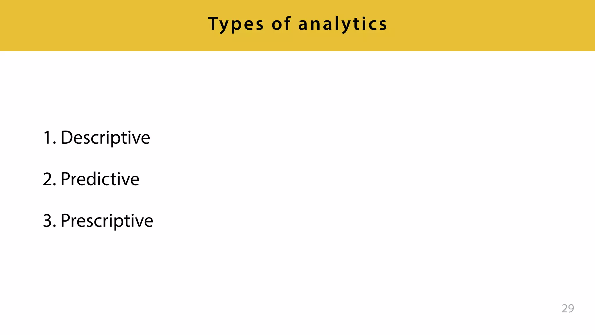 1. Descriptive
2. Predictive
3. Prescriptive 
29
Types of analytics
 