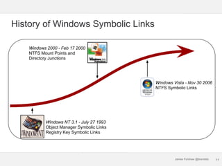 James Forshaw @tiraniddo
History of Windows Symbolic Links
Windows NT 3.1 - July 27 1993
Object Manager Symbolic Links
Reg...