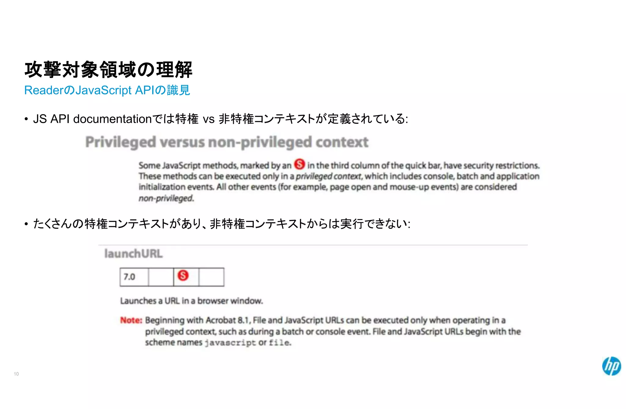 攻撃対象領域の理解
ReaderのJavaScript APIの識見
• JS API documentationでは特権 vs 非特権コンテキストが定義されている:
• たくさんの特権コンテキストがあり、非特権コンテキストからは実行できない:
10
 