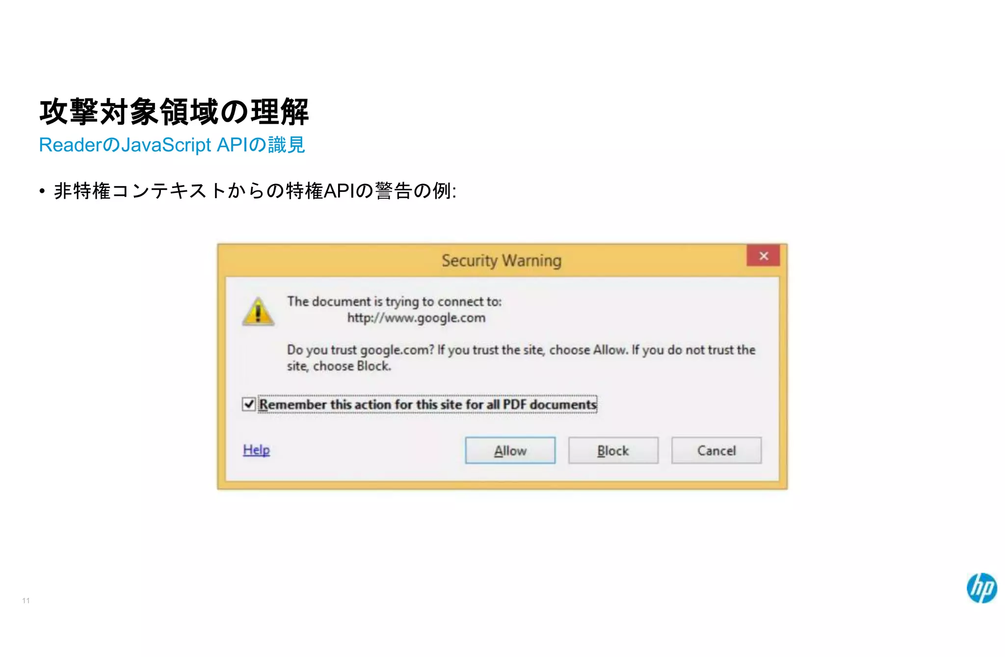 攻撃対象領域の理解
ReaderのJavaScript APIの識見
• 非特権コンテキストからの特権APIの警告の例:
11
 