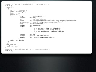 {
    _shards => { failed => 0, successful => 5, total => 5 },
    hits => {
       hits => [
          {
             _id     => "KHAMPTON",
             _index => "cpan_v1",
             _score => 1,
             _source => {
                           city         => "Los Angeles",
                           country      => "US",
                           dir          => "id/K/KH/KHAMPTON",
                           email        => ["khampton@totalcinema.com", "kip.hampton@tamarou.com"],
                           gravatar_url => "http://www.gravatar.com/avatar/...",
                           name         => "Kip Hampton",
                           pauseid      => "KHAMPTON",
                           profile      => [
                                              { id => "ubu", name => "coderwall" },
                                              { id => "ubu", name => "github" },
                                              { id => "kiphampton", name => "twitter" },
                                           ],
                           region       => "CA",
                           updated      => "2011-07-22T20:42:06",
                           website      => ["http://totalcinema.com/"],
                        },
             _type   => "author",
          },
       ],
       max_score => 1,
       total => 9780,
    },
    timed_out => bless(do{(my $o = 0)}, "JSON::XS::Boolean"),
    took => 1,
}
 