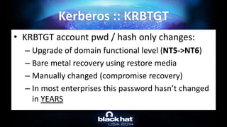 Kerberos :: KRBTGT
RID : 000001f6 (502)
User : krbtgt
* Primary
LM :
NTLM : 310b643c5316c8c3c70a10cfb17e2e31
* Kerberos-Newer-Keys
Default Salt : CHOCOLATE.LOCALkrbtgt
Default Iterations : 4096
Credenti
aes256_hmac (4096) : 15540cac73e94028231ef86631bc47bd
5c827847ade468d6f6f739eb00c68e42
aes128_hmac (4096) : da3128afc899a298b72d365bd753dbfb
des_cbc_md5 (4096) : 620eb39e450e6776
• KRBTGT account pwd / hash only changes:
– Upgrade of domain functional level (NT5->NT6)
– Bare metal recovery using restore media
– Manually changed (compromise recovery)
– In most enterprises this password hasn’t changed
in YEARS
 