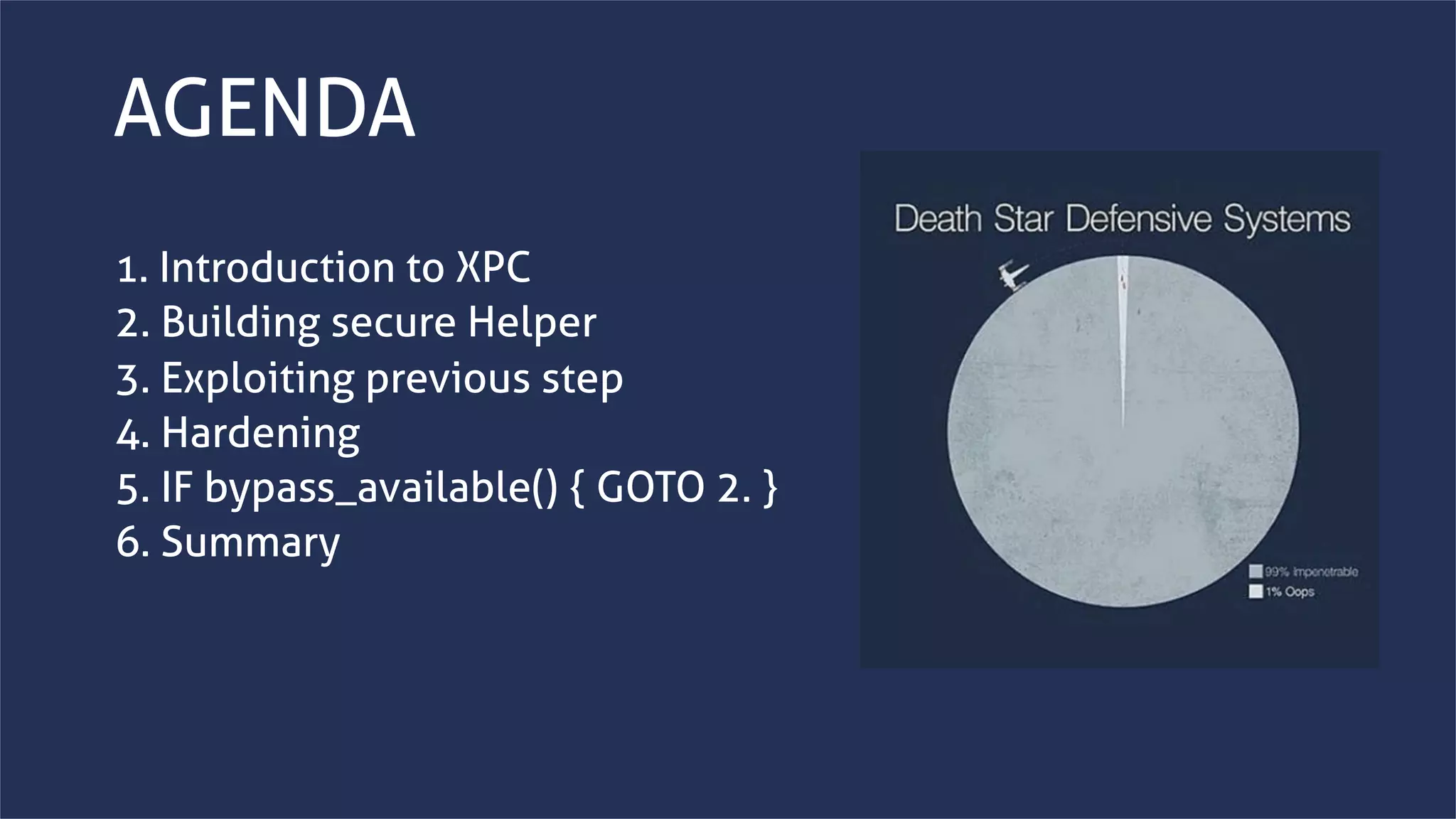 www.securing.bizwww.securing.biz
AGENDA
1. Introduction to XPC
2. Building secure Helper
3. Exploiting previous step
4. Hardening
5. IF bypass_available() { GOTO 2. }
6. Summary
 