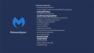www.securing.bizwww.securing.biz
Exposed methods:
- startDatabaseUpdate
- restoreApplicationLauncherWithCompletion
- uninstallProduct
- installProductUpdate
- startProductUpdateWith
- buildPurchaseSiteURLWithCompletion
- triggerLicenseRelatedChecks
- buildRenewalLinkWith
- cancelTrialWith
- startTrialWith
- applyLicenseWith
- controlProtectionWithRawFeatures
- confirmScanJobWith
- resumeScanJob
- pauseScanJob
- stopScanJob
- startScanJob
- disposeOperationBy
- pingWithTag
Malwarebytes
 