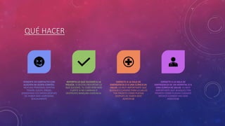 QUÉ HACER
PONERTE EN CONTACTO CON
ALGUIEN EN QUIEN CONFÍES.
MUCHAS PERSONAS SIENTEN
TEMOR, CULPA, ENOJO,
VERGÜENZA Y/O SHOCK DESPUÉS
DE HABER SIDO AGREDIDAS
SEXUALMENTE
REPORTA LO QUE SUCEDIÓ A LA
POLICÍA. SI DECIDES REPORTAR LO
QUE SUCEDIÓ, TU CASO SERÁ MÁS
FUERTE SI NO CAMBIAS O
DESTRUYES NINGUNA EVIDENCIA.
DIRÍGETE A LA SALA DE
EMERGENCIA O A UNA CLÍNICA DE
SALUD. ES MUY IMPORTANTE QUE
BUSQUES CUIDADO PARA LA SALUD
TAN PRONTO COMO PUEDAS
DESPUÉS DE HABER SIDO
AGREDID@
DIRÍGETE A LA SALA DE
EMERGENCIA DE UN HOSPITAL O A
UNA CLÍNICA DE SALUD. ES MUY
IMPORTANTE QUE BUSQUES TAN
PRONTO COMO PUEDAS CUIDADO
MÉDICO CUANDO HAS SIDO
AGREDID@
 