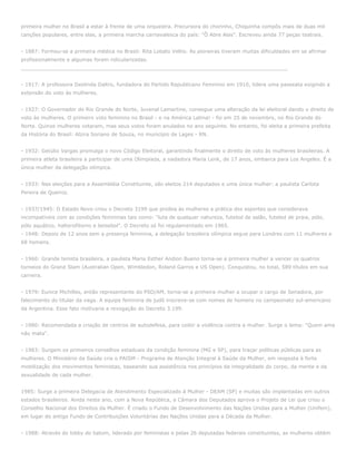 primeira mulher no Brasil a estar à frente de uma orquestra. Precursora do chorinho, Chiquinha compôs mais de duas mil
canções populares, entre elas, a primeira marcha carnavalesca do país: "Ô Abre Alas". Escreveu ainda 77 peças teatrais.


- 1887: Formou-se a primeira médica no Brasil: Rita Lobato Velho. As pioneiras tiveram muitas dificuldades em se afirmar
profissionalmente e algumas foram ridicularizadas.
_____________________________________________________________________________________


- 1917: A professora Deolinda Daltro, fundadora do Partido Republicano Feminino em 1910, lidera uma passeata exigindo a
extensão do voto às mulheres.


- 1927: O Governador do Rio Grande do Norte, Juvenal Lamartine, consegue uma alteração da lei eleitoral dando o direito de
voto às mulheres. O primeiro voto feminino no Brasil - e na América Latina! - foi em 25 de novembro, no Rio Grande do
Norte. Quinze mulheres votaram, mas seus votos foram anulados no ano seguinte. No entanto, foi eleita a primeira prefeita
da História do Brasil: Alzira Soriano de Souza, no município de Lages - RN.


- 1932: Getúlio Vargas promulga o novo Código Eleitoral, garantindo finalmente o direito de voto às mulheres brasileiras. A
primeira atleta brasileira a participar de uma Olimpíada, a nadadora Maria Lenk, de 17 anos, embarca para Los Angeles. É a
única mulher da delegação olímpica.


- 1933: Nas eleições para a Assembléia Constituinte, são eleitos 214 deputados e uma única mulher: a paulista Carlota
Pereira de Queiroz.


- 1937/1945: O Estado Novo criou o Decreto 3199 que proibia às mulheres a prática dos esportes que considerava
incompatíveis com as condições femininas tais como: "luta de qualquer natureza, futebol de salão, futebol de praia, pólo,
pólo aquático, halterofilismo e beisebol". O Decreto só foi regulamentado em 1965.
- 1948: Depois de 12 anos sem a presença feminina, a delegação brasileira olímpica segue para Londres com 11 mulheres e
68 homens.


- 1960: Grande tenista brasileira, a paulista Maria Esther Andion Bueno torna-se a primeira mulher a vencer os quatros
torneios do Grand Slam (Australian Open, Wimbledon, Roland Garros e US Open). Conquistou, no total, 589 títulos em sua
carreira.


- 1979: Eunice Michilles, então representante do PSD/AM, torna-se a primeira mulher a ocupar o cargo de Senadora, por
falecimento do titular da vaga. A equipe feminina de judô inscreve-se com nomes de homens no campeonato sul-americano
da Argentina. Esse fato motivaria a revogação do Decreto 3.199.


- 1980: Recomendada a criação de centros de autodefesa, para coibir a violência contra a mulher. Surge o lema: "Quem ama
não mata".


- 1983: Surgem os primeiros conselhos estaduais da condição feminina (MG e SP), para traçar políticas públicas para as
mulheres. O Ministério da Saúde cria o PAISM - Programa de Atenção Integral à Saúde da Mulher, em resposta à forte
mobilização dos movimentos feministas, baseando sua assistência nos princípios da integralidade do corpo, da mente e da
sexualidade de cada mulher.


1985: Surge a primeira Delegacia de Atendimento Especializado à Mulher - DEAM (SP) e muitas são implantadas em outros
estados brasileiros. Ainda neste ano, com a Nova República, a Câmara dos Deputados aprova o Projeto de Lei que criou o
Conselho Nacional dos Direitos da Mulher. É criado o Fundo de Desenvolvimento das Nações Unidas para a Mulher (Unifem),
em lugar do antigo Fundo de Contribuições Voluntárias das Nações Unidas para a Década da Mulher.


- 1988: Através do lobby do batom, liderado por feministas e pelas 26 deputadas federais constituintes, as mulheres obtêm
 