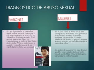 DIAGNOSTICO DE ABUSO SEXUAL
VARONES
 En caso de sospecha, el especialista
puede realizar una serie de pruebas y
exámenes para detectar si un niño ha
sido víctima de abusos sexuales. En el
caso de las pruebas físicas, es
importante que se realice el diagnóstico
dentro de las 72 horas posteriores a la
agresión, ya que la mayoría de las
manifestaciones físicas son temporales.
MUJERES
 En muchos casos, el abuso sexual está
acompañado de maltrato físico, por lo que
el especialista realizará un examen
completo. Las áreas que se suelen
examinar son la boca, la garganta, el pene,
el ano y la vagina, así como el himen en el
caso de las niñas.
 Un análisis de sangre servirá para detectar
posibles enfermedades de transmisión
sexual, como sífilis o VIH, y también para
comprobar si existe embarazo
 