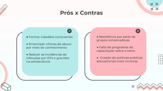 ● Resistência por parte de
grupos conservadores
● Falta de programas de
capacitação sobre o tema
● Criação de políticas públicas
educacionais mais incisivas
● Formar cidadãos conscientes
● Emancipar vítimas de abuso
por meio do conhecimento
● Reduzir as incidências de
infecções por ISTs e gravidez
na adolescência
Prós x Contras
18
 