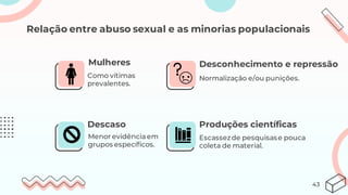 Mulheres
Como vítimas
prevalentes.
Desconhecimento e repressão
Normalização e/ou punições.
Descaso
Menor evidênciaem
grupos específicos.
Produções científicas
Escassezde pesquisase pouca
coleta de material.
Relação entre abuso sexual e as minorias populacionais
43
 