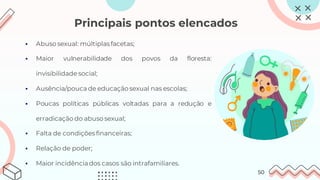 Principais pontos elencados
▪ Abuso sexual: múltiplasfacetas;
▪ Maior vulnerabilidade dos povos da floresta:
invisibilidade social;
▪ Ausência/pouca de educação sexual nas escolas;
▪ Poucas políticas públicas voltadas para a redução e
erradicação do abuso sexual;
▪ Falta de condições financeiras;
▪ Relação de poder;
▪ Maior incidênciados casos são intrafamiliares.
50
 