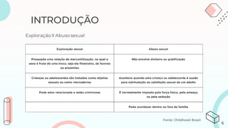 Exploração X Abuso sexual
INTRODUÇÃO
Fonte: Childhood Brasil
6
 