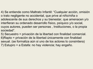 4) Se entiende como Maltrato Infantil: “Cualquier acción, omisión
o trato negligente no accidental, que prive al niño/niña o
adolescente de sus derechos y su bienestar, que amenacen y/o
interfieran su ordenado desarrollo físico, psíquico y/o social,
cuyos autores, pueden ser personas , Instituciones, o la propia
sociedad”.
5) Secuestro = privación de la libertad con finalidad comercial.
6)Rapto = privación de la libertad únicamente con finalidad
sexual. (se formaliza aún si uno de los actores lo consintiera)
7) Estupro = a Estafa: no hay violencia; hay engaño.
 