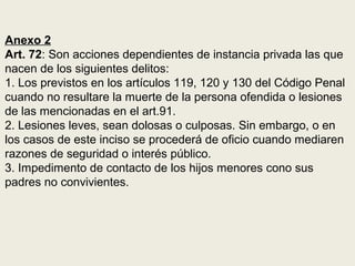 Anexo 2
Art. 72: Son acciones dependientes de instancia privada las que
nacen de los siguientes delitos:
1. Los previstos en los artículos 119, 120 y 130 del Código Penal
cuando no resultare la muerte de la persona ofendida o lesiones
de las mencionadas en el art.91.
2. Lesiones leves, sean dolosas o culposas. Sin embargo, o en
los casos de este inciso se procederá de oficio cuando mediaren
razones de seguridad o interés público.
3. Impedimento de contacto de los hijos menores cono sus
padres no convivientes.
 