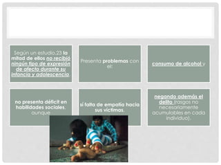 Según un estudio,23 la
mitad de ellos no recibió
ningún tipo de expresión
de afecto durante su
infancia y adolescencia,
Presenta problemas con
el:
consumo de alcohol y
no presenta déficit en
habilidades sociales,
aunque
sí falta de empatía hacia
sus víctimas,
negando además el
delito (rasgos no
necesariamente
acumulables en cada
individuo).
 