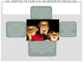 EL IMPACTO DE LA AGRESIÓN SEXUAL
1.el perfil individual de la
víctima (respecto del
cual es más importante
que su edad o el sexo, el
contexto familiar donde
vive
2.las características
de la agresión
(cuya gravedad es
proporcional a la
frecuencia,
duración y
violencia con que
se ha producido)
3. la relación entre víctima y
abusador: las pruebas muestran
que los efectos psicológicos más
graves se producen cuando el
abusador es una persona
conocida en la que el menor
confía
4.y las consecuencias
provocadas por el
descubrimiento del abuso
(sobre todo en lo que se
refiere a si el abusado es
creído o no; una respuesta
inadecuada del entorno
de la víctima puede
complicar el proceso de
recuperación)
 