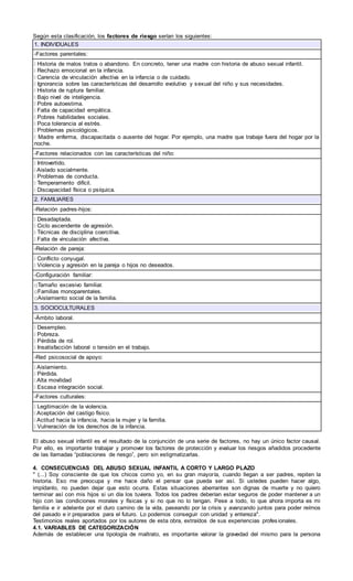 Según esta clasificación, los factores de riesgo serían los siguientes:
1. INDIVIDUALES
-Factores parentales:
� Historia de malos tratos o abandono. En concreto, tener una madre con historia de abuso sexual infantil.
� Rechazo emocional en la infancia.
� Carencia de vinculación afectiva en la infancia o de cuidado.
� Ignorancia sobre las características del desarrollo evolutivo y sexual del niño y sus necesidades.
� Historia de ruptura familiar.
� Bajo nivel de inteligencia.
� Pobre autoestima.
� Falta de capacidad empática.
� Pobres habilidades sociales.
� Poca tolerancia al estrés.
� Problemas psicológicos.
� Madre enferma, discapacitada o ausente del hogar. Por ejemplo, una madre que trabaje fuera del hogar por la
noche.
-Factores relacionados con las características del niño:
� Introvertido.
� Aislado socialmente.
� Problemas de conducta.
� Temperamento difícil.
� Discapacidad física o psíquica.
2. FAMILIARES
-Relación padres-hijos:
� Desadaptada.
� Ciclo ascendente de agresión.
� Técnicas de disciplina coercitiva.
� Falta de vinculación afectiva.
-Relación de pareja:
� Conflicto conyugal.
� Violencia y agresión en la pareja o hijos no deseados.
-Configuración familiar:
□Tamaño excesivo familiar.
□Familias monoparentales.
□Aislamiento social de la familia.
3. SOCIOCULTURALES
-Ámbito laboral.
� Desempleo.
� Pobreza.
� Pérdida de rol.
� Insatisfacción laboral o tensión en el trabajo.
-Red psicosocial de apoyo:
� Aislamiento.
� Pérdida.
� Alta movilidad
� Escasa integración social.
-Factores culturales:
� Legitimación de la violencia.
� Aceptación del castigo físico.
� Actitud hacia la infancia, hacia la mujer y la familia.
� Vulneración de los derechos de la infancia.
El abuso sexual infantil es el resultado de la conjunción de una serie de factores, no hay un único factor causal.
Por ello, es importante trabajar y promover los factores de protección y evaluar los riesgos añadidos procedente
de las llamadas “poblaciones de riesgo”, pero sin estigmatizarlas.
4. CONSECUENCIAS DEL ABUSO SEXUAL INFANTIL A CORTO Y LARGO PLAZO
" (...) Soy consciente de que los chicos como yo, en su gran mayoría, cuando llegan a ser padres, repiten la
historia. Eso me preocupa y me hace daño el pensar que pueda ser así. Si ustedes pueden hacer algo,
impídanlo, no pueden dejar que esto ocurra. Estas situaciones aberrantes son dignas de muerte y no quiero
terminar así con mis hijos si un día los tuviera. Todos los padres deberían estar seguros de poder mantener a un
hijo con las condiciones morales y físicas y si no que no lo tengan. Pese a todo, lo que ahora importa es mi
familia e ir adelante por el duro camino de la vida, paseando por la crisis y avanzando juntos para poder reírnos
del pasado e ir preparados para el futuro. Lo podemos conseguir con unidad y entereza".
Testimonios reales aportados por los autores de esta obra, extraídos de sus experiencias profesionales.
4.1. VARIABLES DE CATEGORIZACIÓN
Además de establecer una tipología de maltrato, es importante valorar la gravedad del mismo para la persona
 