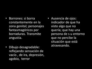 • Borrones: si borra
constantemente en la
zona genital; personajes
fantasmagóricos por
borraduras. Transmite
angustia.
• Dibujo desagradable:
reflejando sensación de
vacío , de ira, depresión,
agobio, terror
• Ausencia de ojos:
indicador de que ha
visto algo que no
quería; que hay una
persona de s u entorno
que no percibe la
situación que está
atravesando.
 