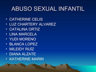 ABUSO SEXUAL INFANTIL
•   CATHERINE CELIS
•   LUZ CHARTERY ALVAREZ
•   CATALINA ORTIZ
•   LINA MARCELA
•   YUDI MORENO
•   BLANCA LOPEZ
•   MILEIDY RUÍZ
•   DIANA ALZATE
•   KATHERINE MARIN
 