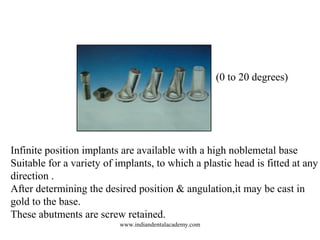 Infinite position implants are available with a high noblemetal base
Suitable for a variety of implants, to which a plastic head is fitted at any
direction .
After determining the desired position & angulation,it may be cast in
gold to the base.
These abutments are screw retained.
(0 to 20 degrees)
www.indiandentalacademy.com
 