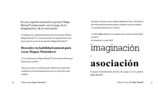 En este capítulo realizarás tu primer Mapa
Mentalm,empezando con el juego de la
Imaginacióny de la Asociación.
Al finalizar este capítulodominarásla técnica para dibujar
Mapas ~entales'y conocerás todos losingredientes nece-
sarios para la creación de grandes MapasMentalesB.
Descubre tu habilidad natural para
crearMapasMentalesa
¿Cómofuncionaun Mapa MentalB? ¡Dela misma forma que
funcionatu cerebro!
Apesar de que tu cerebro puede realizar las tareas más
complejas,su funcionamientose basa en principiosmuy
simples.
44 Cómocrear Mapas MentalesB
Sucede lo mismo con los MapasMentalesB,que son fácilesy
divertidosprecisamente porque respetan las necesidades
y la energía naturalde tu cerebro.
¿Cuáles son,entonces, los motoresque ponen en marchatu
cerebro?
La respuesta e s muy fácil:
asociacion
Si sigues teniendo dudas,prueba este juego y crea tu primer
Mapa Mentala.
Cómodibujarm Mapa MentalB
45
 