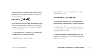 La principalventaja de utilizarlos Mapas MentalesBpara las
presentaciones, como millonesde ejecutivos ya saben,es
que te ofrecen una
((visión global))
sobre cualquier tema,permitiéndote añadir o suprimir infor-
mación con facilidaddurante los días previos a la presenta-
ción y garantizándotecubrir todos los aspectos más signifi-
cativos del tema elegido.
Los Mapas MentalesB de una presentaciónte brindan la po-
sibilidadde ser libre,libre de ser tú mismo.
Y el público aprecia la autenticidad.
Cómo crear Mapas Mentalesa
En la lámina 3 encontrarás un ejemplo ilustrativo de Mapa
MentalBsobre este tema.
Planificar tu vida familiar
Tengo una íntima amiga que utiliza los Mapas MentalesB
para planificar su vida familiar diaria,semanal y anualmente
Sus Mapas MentalesB se encuentran en un lugar habitual-
mente considerado como el centro neurálgico de la vida fa-
miliar:ila puerta de la nevera!
A continuaciónencontrarás su testimonio,escrito por ella
misma,sobre su experiencia con los Mapas Mentalesm,sus
aplicaciones y ventajas.
Cómo alcanzar el éxito personalcon los Mapas Mentalese
69
 