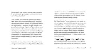 En cada una de estas acciones necesitas estar preparado y
la herramienta más apropiada para tu entrenamientomental
son los Mapas MentalesB.
Antes de entrar en el ((terrenode la persuasión)),crea un
Mapa Mentalm que sinteticela situación global,incluyendo
tus objetivos principales.Piensa en los argumentos a tu favor
que quieres utilizary anótalos en forma de palabras o imá-
genes.Puedes utilizar un Mapa MentalB para pedir un ascen-
so y concentrarte en las razones que justifiquentu aumento
de categoría y sueldo,teniendo en cuenta todas tus fuerzas y
debilidades para poder rebatir cualquier objeción.Puedes
también utilizarlos Mapas Mentalesm para disponer de un
cuadro completo de todos tus logros a lo largo de tu carrera
profesional
Es también una buena idea considerar el punto de vista de
otras personas e incluirlos en tus Mapas Mentalesm.Escuchar
a los demás te ofrece la posibilidadde tener una visión más
objetiva y completa sobre los temas de tu interés,además
de brindarte la oportunidad de crear un ambiente de cola-
boración mutua en lugar de uno de conflicto.
Los Mapas MentalesB son particularmente útiles cuando tie-
nes que negociar un contrato,dado que te proporcionanuna
visión global sobre este importante tema y te facilitanla ta-
rea de considerar los pros y los contrassegún la perspectiva
más adecuada.Un Mapa Mentalm te permite también con-
templar todos los detailes y la letra pequeña sin perderte,
porque las palabras, los colores,los símbolos y las demás
técnicas sintetizanla información y al mismo tiempo la orga-
nizan eficazmente.
Los códigos de colores
son especialmente útiles.Gracias al uso de colores diferen-
tes puedes destacar las cláusulas del contrato que te interesa
Cómo crear Mapas Mentalesa Cómo alcanzar el éxito personalcon los Mapas Mentalesa 75
 