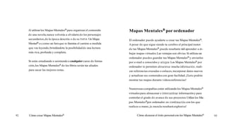 Al utilizarlos Mapas MentalesB para organizar el contenido
de una novela,nunca volverás a olvidartede los personajes
secundarios,de la época descrita o de su trama.Un Mapa
Mentalm es como un faroque te ilumina el camino a medida
que vas leyendo,brindándote la posibilidadde una lectura
más rica,profunda y completa.
Si estás estudiando o asistiendo a cualquier curso de forma-
ción,los Mapas Mentalesm de los libros serán tus aliados
para sacar las mejores notas.
92 Cómo crear Mapas MentalesB
Mapas MentalesB por ordenador
El ordenador puede ayudarte a crear tus Mapas MentalesB.
A pesar de que sigue siendo tu cerebro el principal motor
de tus Mapas Mentalesa,puede resultarte útil aprender a di-
bujar mapas virtuales.Las ventajas son obvias.Si utilizas un
ordenador puedes guardar tus Mapas MentalesB y enviarlos
por e-mail a conocidos y amigos.Los Mapas Mentalesm por
ordenador te permiten almacenar mucha información,reali-
zar referencias cruzadas o enlaces,incorporar datos nuevos
y actualizar sus contenidoscon gran facilidad. ¡Hastapodrás
mostrar tus mapas durante videoconferencias!
Numerosascompañías están utilizandolos Mapas MentalesB
virtuales para almacenar e intercambiarinformacióny para
controlar el grado de avance de sus proyectos.Utiliza los Ma-
pas Mentalesapor ordenador en combinacióncon los que
realices a mano, ¡lamezcla resultará explosiva!
Cómo alcanzarel éxito personalcon los Mapas Mentales8
93
 