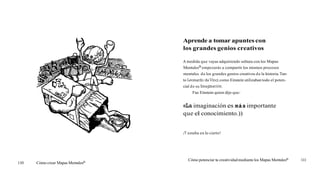 110 Cómo crear Mapas MentalesB
Aprende a tomar apuntes con
los grandes genios creativos
A medida que vayas adquiriendo soltura con los Mapas
MentalesB empezarás a compartir los mismos procesos
mentales de los grandes genios creativos de la historia.Tan-
to Leonardo daVinci como Einstein utilizabantodo el poten-
cial de su Imaginación.
Fue Einstein quien dijo que:
«Laimaginación es más importante
que el conocimiento.))
i
Yestaba en lo cierto!
Cómo potenciar tu creatividadmediante los Mapas MentalesB 111
 