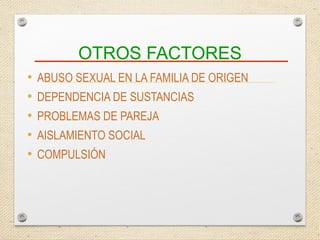 OTROS FACTORES
• ABUSO SEXUAL EN LA FAMILIA DE ORIGEN
• DEPENDENCIA DE SUSTANCIAS
• PROBLEMAS DE PAREJA
• AISLAMIENTO SOCIAL
• COMPULSIÓN
 