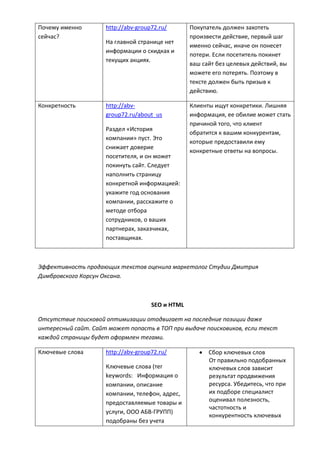 Почему именно
сейчас?
http://abv-group72.ru/
На главной странице нет
информации о скидках и
текущих акциях.
Покупатель должен захотеть
произвести действие, первый шаг
именно сейчас, иначе он понесет
потери. Если посетитель покинет
ваш сайт без целевых действий, вы
можете его потерять. Поэтому в
тексте должен быть призыв к
действию.
Конкретность http://abv-
group72.ru/about_us
Раздел «История
компании» пуст. Это
снижает доверие
посетителя, и он может
покинуть сайт. Следует
наполнить страницу
конкретной информацией:
укажите год основания
компании, расскажите о
методе отбора
сотрудников, о ваших
партнерах, заказчиках,
поставщиках.
Клиенты ищут конкретики. Лишняя
информация, ее обилие может стать
причиной того, что клиент
обратится к вашим конкурентам,
которые предоставили ему
конкретные ответы на вопросы.
Эффективность продающих текстов оценила маркетолог Студии Дмитрия
Димбровского Корсун Оксана.
SEO и HTML
Отсутствие поисковой оптимизации отодвигает на последние позиции даже
интересный сайт. Сайт может попасть в ТОП при выдаче поисковиков, если текст
каждой страницы будет оформлен тегами.
Ключевые слова http://abv-group72.ru/
Ключевые слова (тег
keywords: Информация о
компании, описание
компании, телефон, адрес,
предоставляемые товары и
услуги, ООО АБВ-ГРУПП)
подобраны без учета
 Сбор ключевых слов
От правильно подобранных
ключевых слов зависит
результат продвижения
ресурса. Убедитесь, что при
их подборе специалист
оценивал полезность,
частотность и
конкурентность ключевых
 