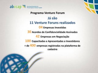 Programa Venture Forum
Já são
11 Venture Foruns realizados
04 Empresas Investidas
30 Acordos de Confidencialidade Assinados
42 Empresas em Negociação
100 Capacitadas e Apresentadas a Investidores
+ de 400 empresas registradas na plataforma de
cadastro
 