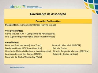 Governança da Associação
Conselho Deliberativo
Presidente: Fernando Cezar Borges (Carlyle Group)
Vice-presidentes:
Clovis Meurer (CRP – Companhia de Participações
Luiz Eugenio Figueiredo (Rio Bravo Investimentos)
Conselheiros:
Francisco Sanchez Neto (Lions Trust) Mauricio Marcelini (FUNCEF)
Frederico Greve (DGF Investimentos) Patrícia Freitas
Humberto Matsuda (Performa Investimentos) Ricardo Propheta Marques (BRZ Inv.)
Leonardo Pereira dos Santos (BNDES) Robert E. Binder (Antera)
Maurício da Rocha Wanderley (Valia)
 