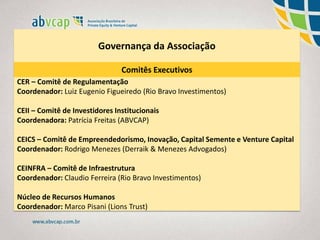 Governança da Associação
Comitês Executivos
CER – Comitê de Regulamentação
Coordenador: Luiz Eugenio Figueiredo (Rio Bravo Investimentos)
CEII – Comitê de Investidores Institucionais
Coordenadora: Patrícia Freitas (ABVCAP)
CEICS – Comitê de Empreendedorismo, Inovação, Capital Semente e Venture Capital
Coordenador: Rodrigo Menezes (Derraik & Menezes Advogados)
CEINFRA – Comitê de Infraestrutura
Coordenador: Claudio Ferreira (Rio Bravo Investimentos)
Núcleo de Recursos Humanos
Coordenador: Marco Pisani (Lions Trust)
 