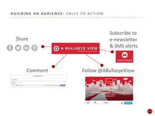 B U I L D I N G A N AU D I E N C E : C A L L S TO A C T I O N
2
0
2 0
Share
Comment Follow @ABullseyeView
Subscribe to
e-newsletter
& SMS alerts
 