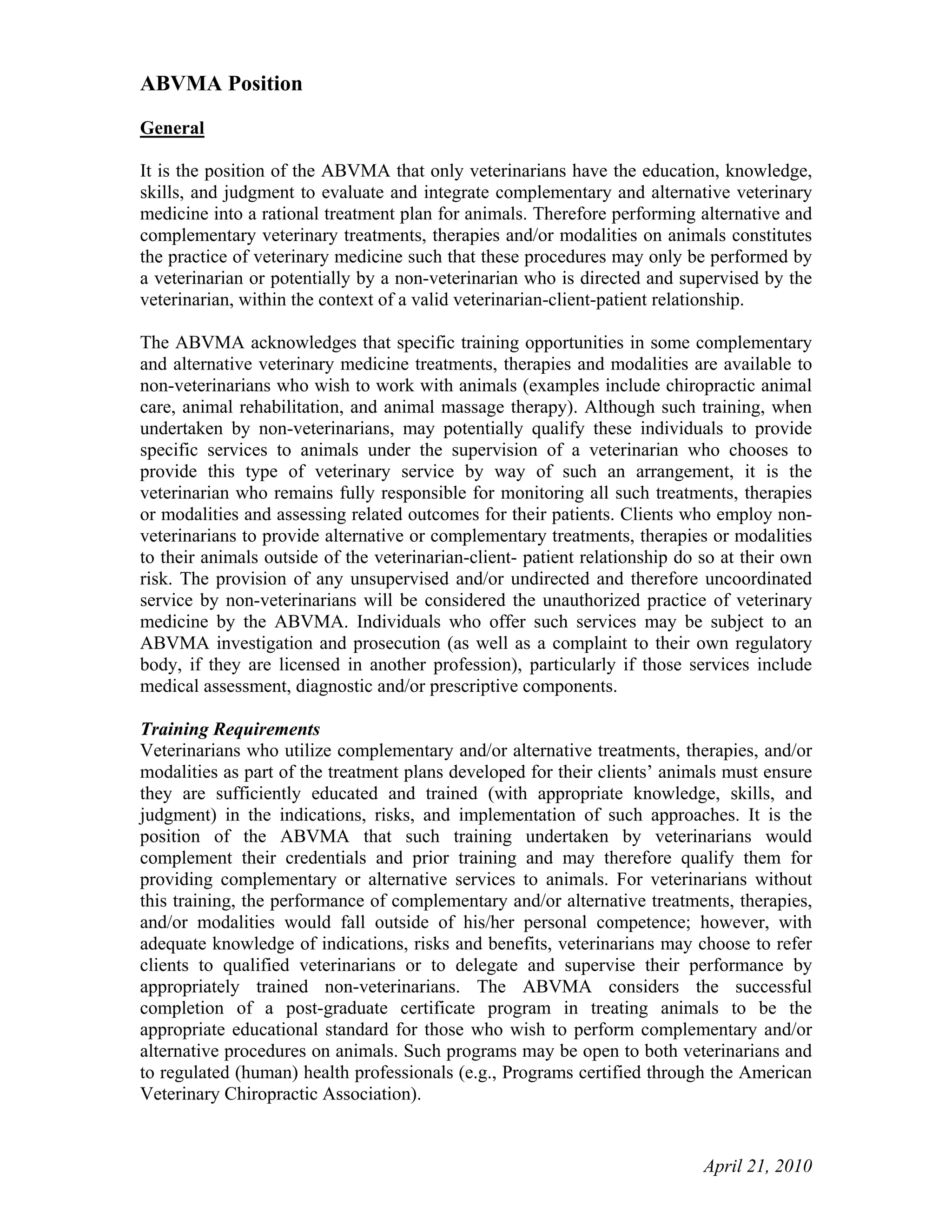 Abvma council guidelines on alternative & complementary practices | PDF