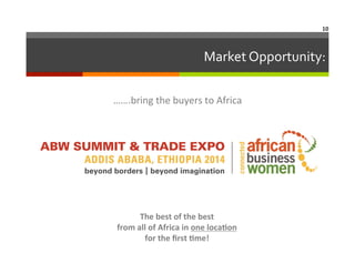10	
  

Market	
  Opportunity:	
  
…….bring	
  the	
  buyers	
  to	
  Africa
	
  
	
  
	
  
	
  
	
  
	
  

	
  
	
  

The	
  best	
  of	
  the	
  best	
  	
  
	
  
from	
  all	
  of	
  Africa	
  in	
  one	
  locaAon	
  
for	
  the	
  ﬁrst	
  Ame!	
  

 
