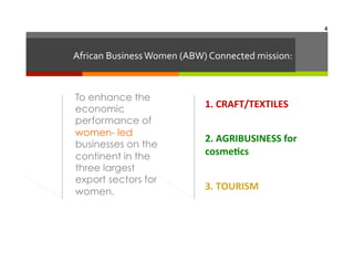 4	
  

	
  
African	
  Business	
  Women	
  (ABW)	
  Connected	
  mission:	
  
	
  
To enhance the
economic
performance of
women- led
businesses on the
continent in the
three largest
export sectors for
women.

1.	
  CRAFT/TEXTILES	
  
	
  
2.	
  AGRIBUSINESS	
  for	
  
cosmeAcs	
  
	
  	
  	
  	
  
3.	
  TOURISM	
  	
  	
  

 
