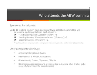 6	
  

Who	
  attends	
  the	
  ABW	
  summit:	
  
Sponsored	
  Par6cipants:	
  

	
  	
  

Up	
  to	
  10	
  leading	
  women	
  from	
  each	
  country;	
  a	
  selec6on	
  commiNee	
  will	
  
determine	
  par6cipants	
  from	
  each	
  country:	
  
ì 
ì 
ì 

*Leading	
  Companies	
  (2/sector/country)	
  =	
  6	
  
	
  Leading	
  Business	
  Women	
  Associa6ons	
  (2/country)	
  =	
  2	
  
	
  Leading	
  Students	
  (2/country)	
  =	
  2	
  

*	
  Qualifying	
  par6cipant	
  companies	
  must	
  be	
  a	
  leading	
  exporter	
  in	
  the	
  country	
  and	
  make	
  a	
  posiAve	
  impact	
  to	
  the	
  community	
  

	
  
Other	
  par6cipants	
  will	
  include:	
  
	
  
• 

African	
  &	
  Interna6onal	
  Buyers	
  

• 

Interna6onal	
  &	
  African	
  Associa6ons	
  

• 

Government	
  /	
  Donors	
  /	
  Sponsors	
  /	
  Media	
  

• 

Other	
  African	
  companies	
  who	
  are	
  interested	
  in	
  learning	
  what	
  it	
  takes	
  to	
  be	
  
successful	
  and	
  reach	
  the	
  export	
  market	
  

 