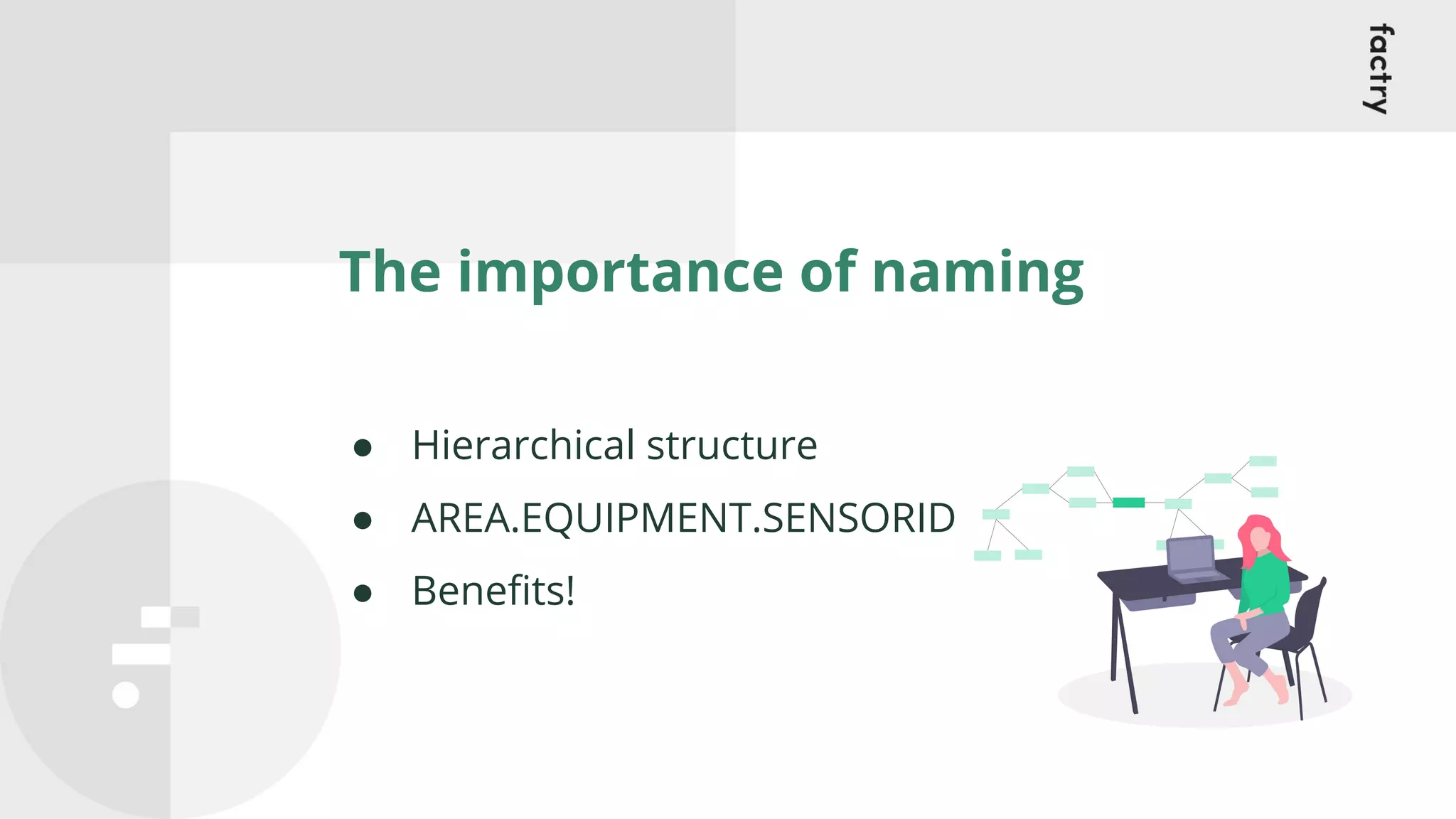 The importance of naming
● Hierarchical structure
● AREA.EQUIPMENT.SENSORID
● Beneﬁts!
 